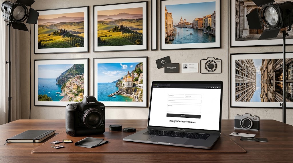 Scrivania di uno studio fotografico con fotocamera e portatile aperto sul modulo di contatto